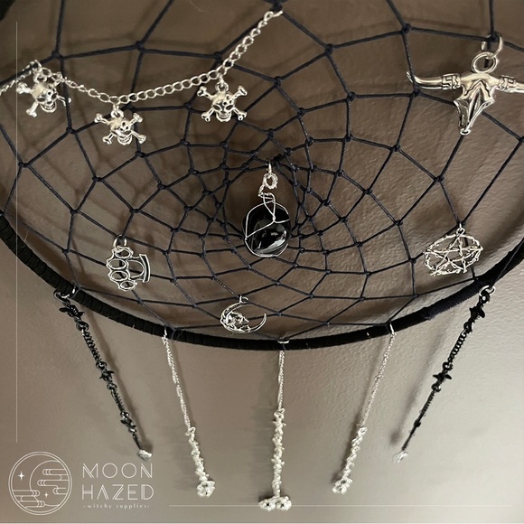 Punk Dreamcatcher with black obsidian hanging in the middle. - Picture 4 of 4